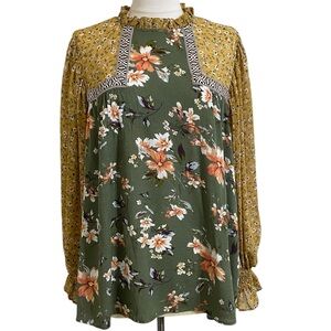 JODIFL Mustard Sage Floral Patchwork Print Ruffled Boho Flowy Blouse Sz Small
